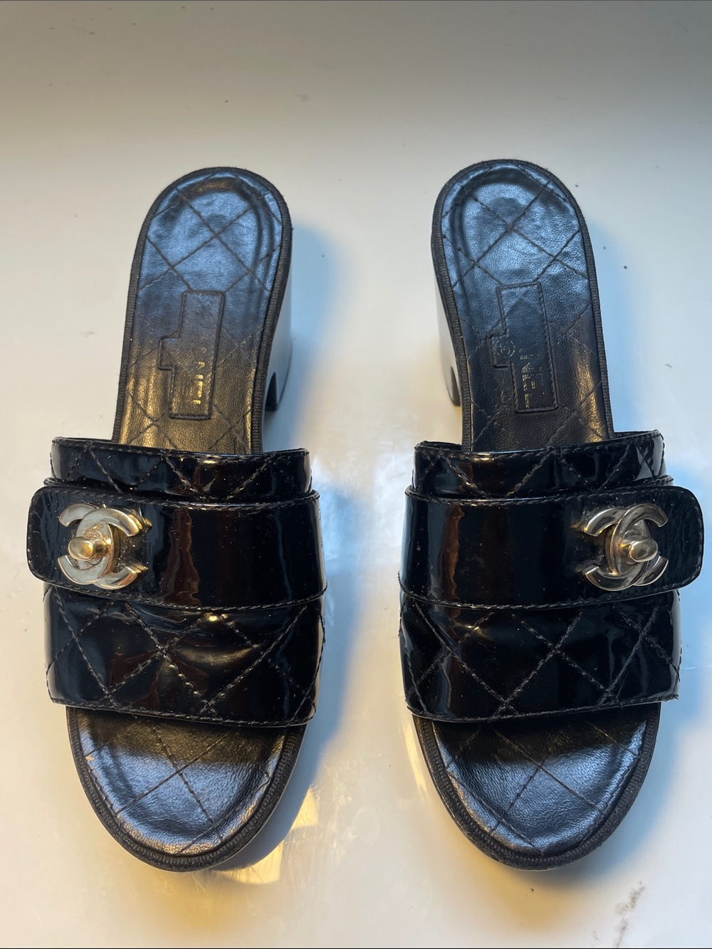 Chanel black patent and leathers open - toe mules POC sandals sz 36.5